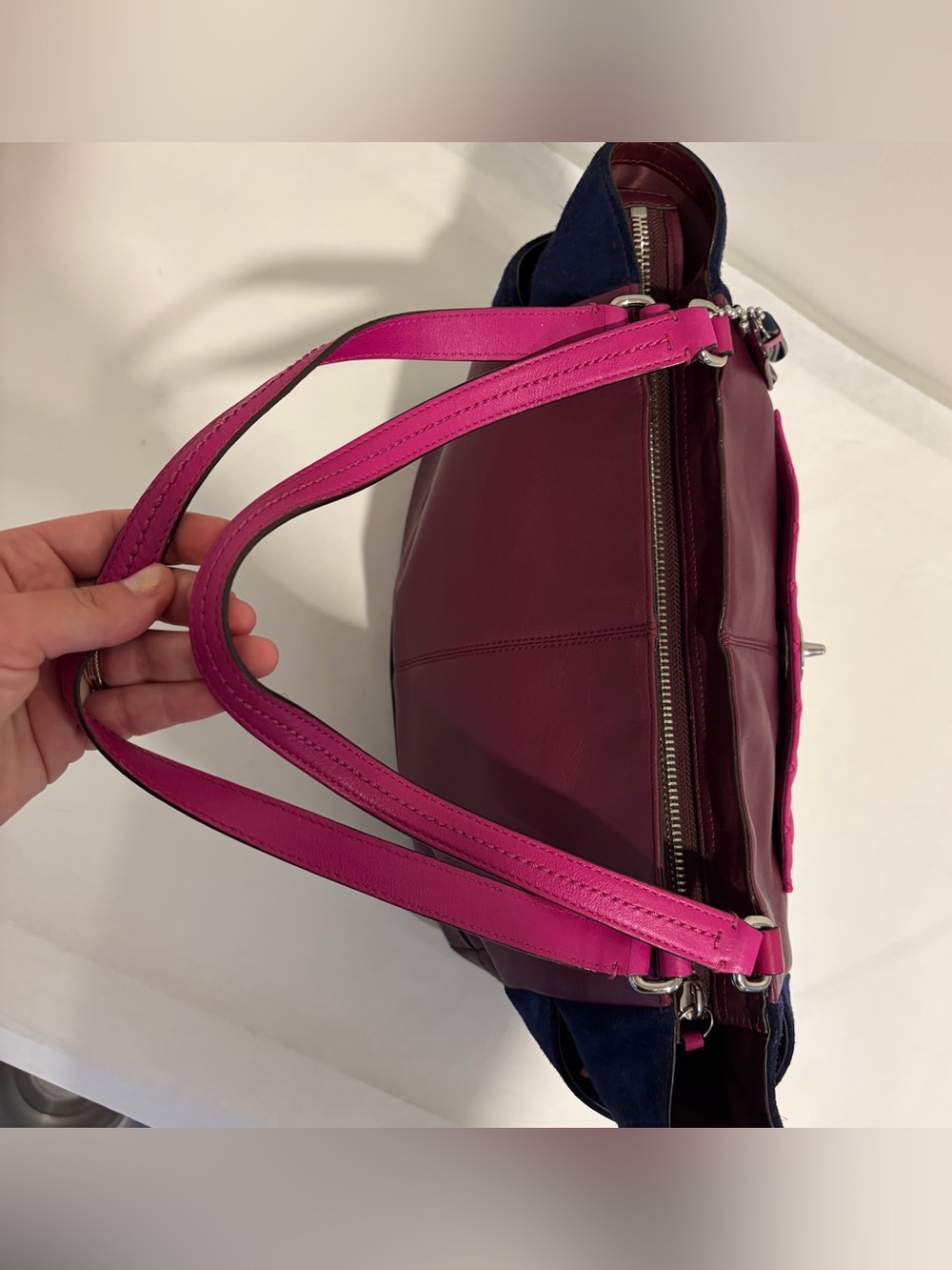 Coach #F24693 Colorblock Leather Tote Bag in Fuchsia, Burgundy & Navy - Picture 11 of 16